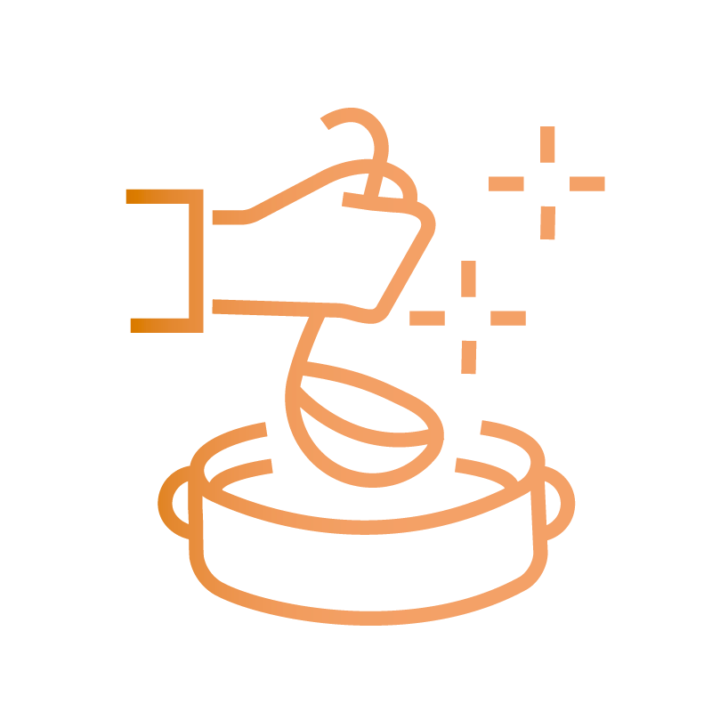 Line art of a hand holding a ladle over a pot, offering the services of a Private Chef for Hire.