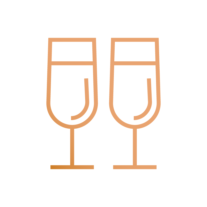 Line art of a pair of champagne glasses perfect for enjoying a private chef experience or adding elegance to your in-home celebration in the Bay Area.