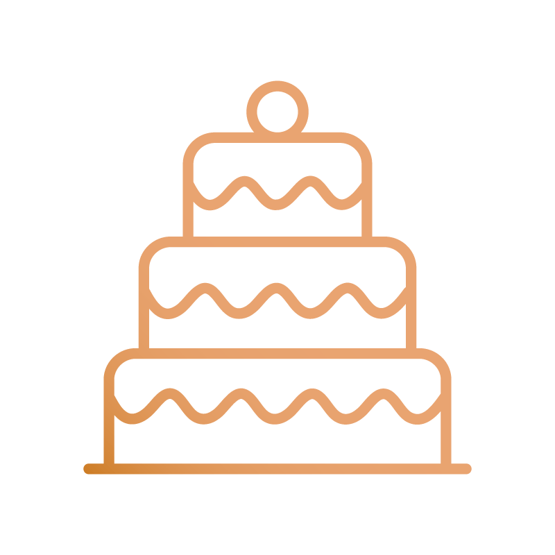 Line art of a three-tiered wedding cake.