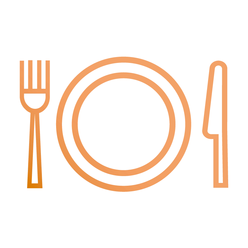 A line art depiction of a spoon, fork and knife place setting.